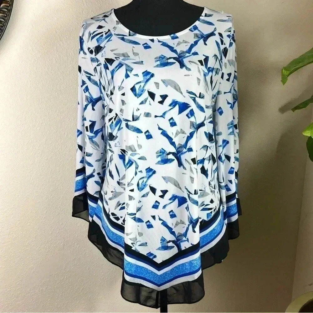 ALFANI Women’s White Navy Blue Ocean Blue Gray Abstract Bell Sleeve Tunic Large